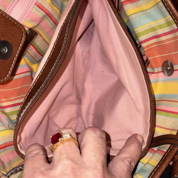 Fossil Vintage Straw bag/leather trim cinnamon brown/brown Silvertone 3 compart - Picture 5 of 17